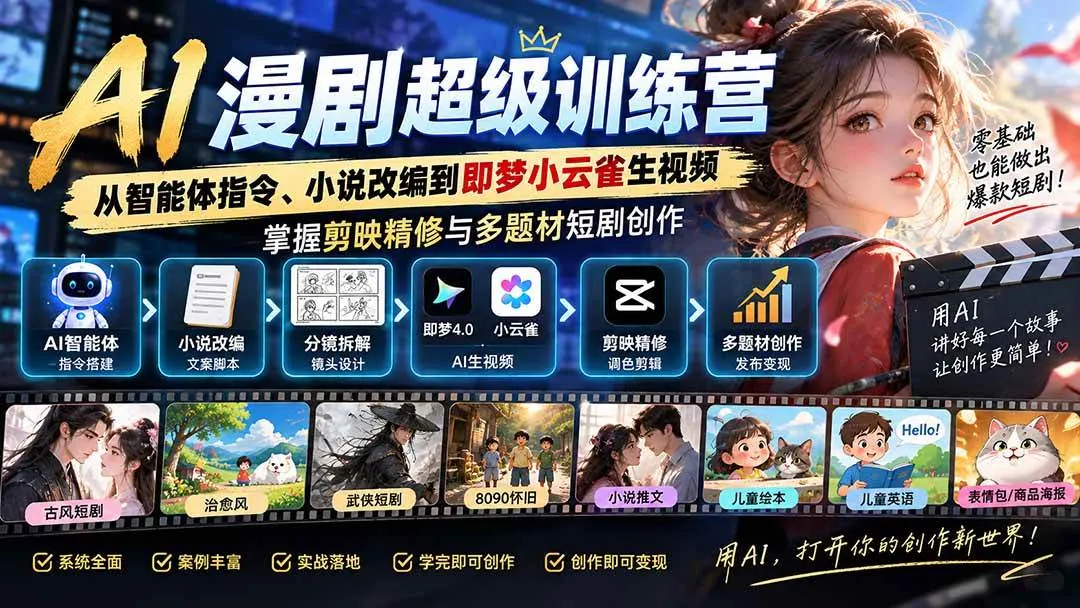 （20491期）AI漫剧超级特训营：从智能体指令、小说改编到即梦小云雀生视频，掌握剪映精修与多题材短剧创作-海桐网创