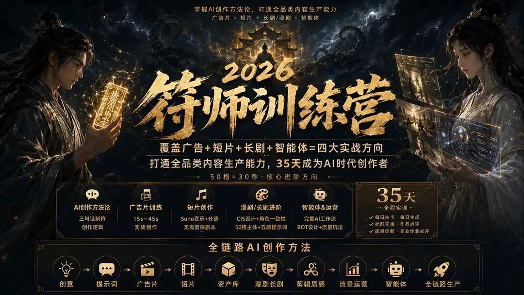 (20179期)符师训练营-35天成为AI时代创作者,广告+短片+漫剧+智能体四大实战方向,掌握从创意到上线的完整工作流-海桐网创
