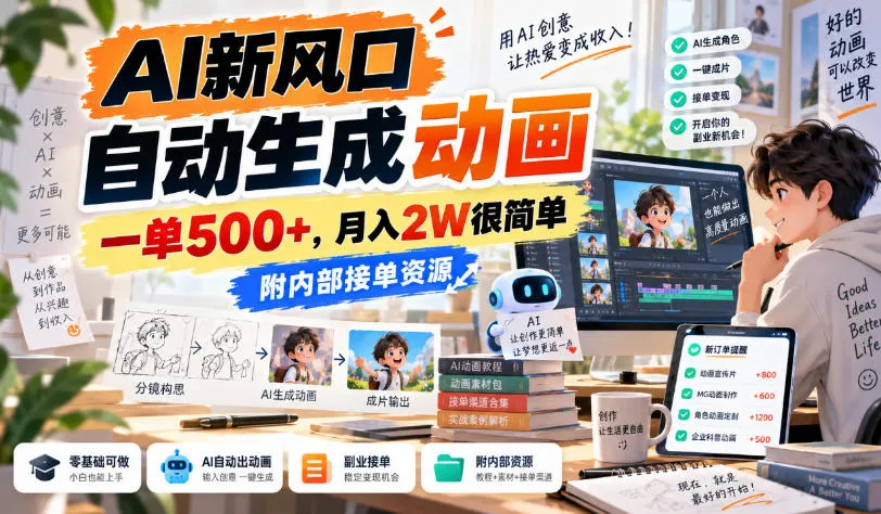 AI新风口,自动生成动画,一单500+,月入2W很简单,附内部接单资源【揭秘】-海桐网创