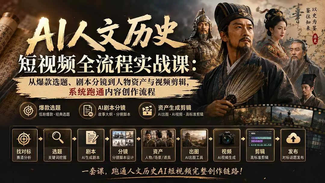 (20476期)AI人文历史短视频全流程实战课-更新:从爆款选题、剧本分镜到人物资产与视频剪辑,系统跑通内容创作流程-海桐网创