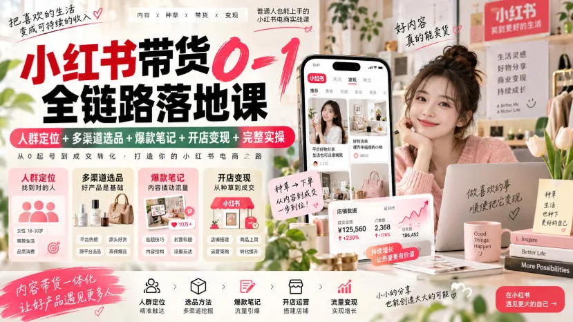 小红书带货0-1全链路落地课｜人群定位+多渠道选品+爆款笔记+开店变现完整实操-海桐网创