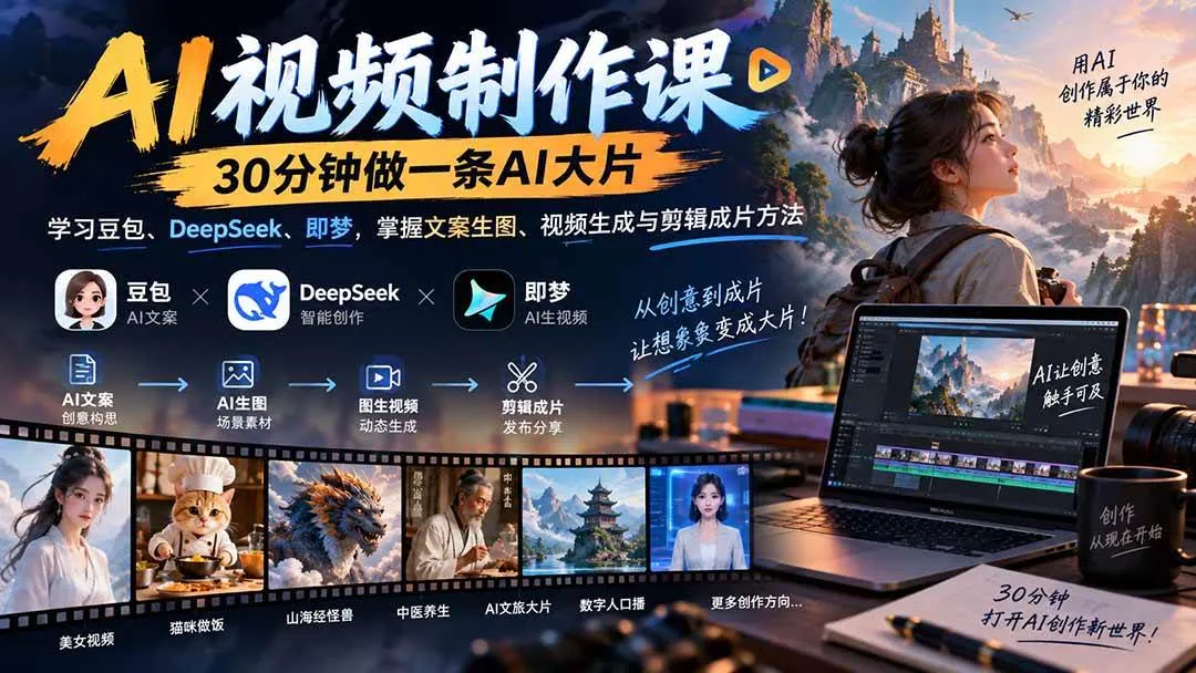 (20380期)AI视频制作课-30分钟做一条AI大片:学习豆包、DeepSeek、即梦,掌握文案生图、视频生成与剪辑成片方法 (20380期)AI视频制作课-30分钟做一条AI大片:学习豆包、DeepSeek、即梦,掌握文案生图、视频生成与剪辑成片方法