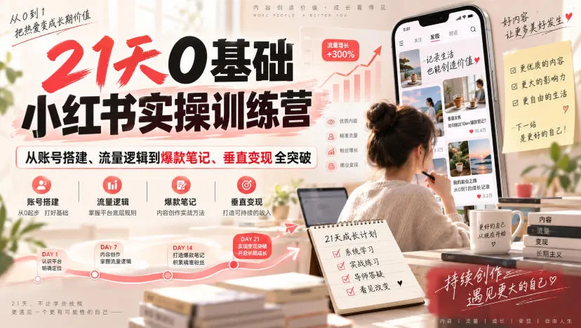 21天0基础小红书实操训练营｜从账号搭建、流量逻辑到爆款笔记、垂直变现全突破-海桐网创