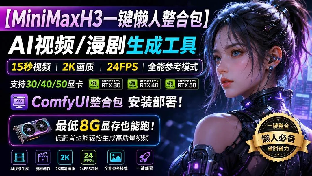 (20130期)MiniMaxH3一键懒人整合包:AI视频/漫剧生成工具,15秒视频_2K画质_24FPS_全能模式,支持30_40_50显卡,8g显存也能跑-海桐网创