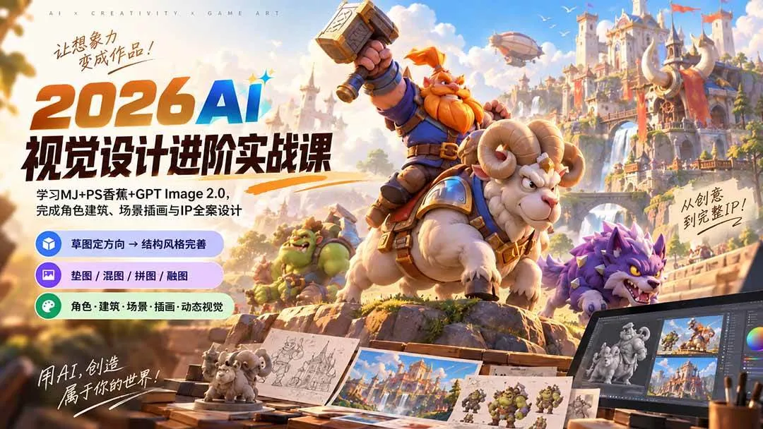 (20424期)2026AI视觉设计进阶实战课-更新:学习MJ+PS香蕉+GPT Image 2.0,完成角色建筑、场景插画与IP全案设计-海桐网创