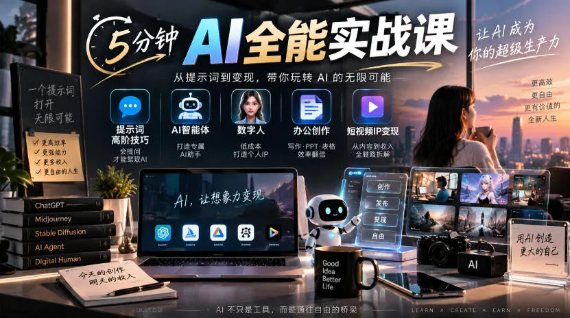 5分钟AI全能实战课｜提示词高阶技巧+AI智能体+数字人+办公创作+短视频IP变现全教程-海桐网创