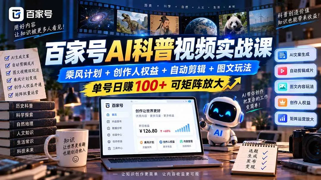 (20579期)百家号AI科普视频实战课:乘风计划+创作人权益+自动剪辑+图文玩法,单号日赚100+可矩阵放大 (20579期)百家号AI科普视频实战课:乘风计划+创作人权益+自动剪辑+图文玩法,单号日赚100+可矩阵放大