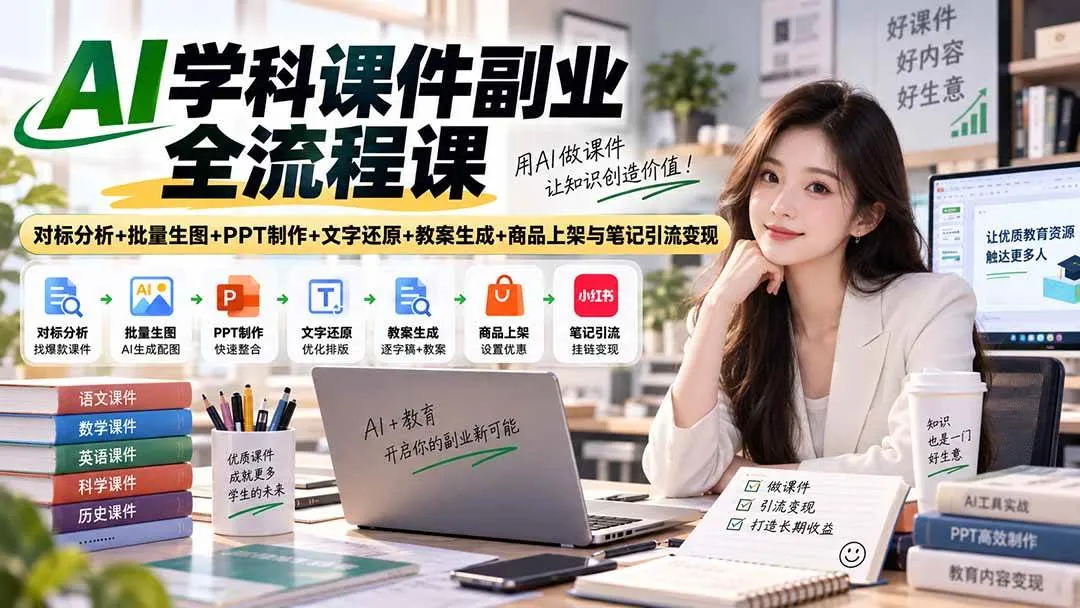 (20469期)AI学科课件副业全流程课|对标分析+批量生图+PPT制作+文字还原+教案生成+商品上架与笔记引流变现-海桐网创