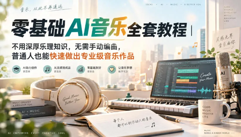 零基础AI音乐全套教程|不用深厚乐理知识,无需手动编曲,普通人也能快速做出专业级音乐作品-海桐网创