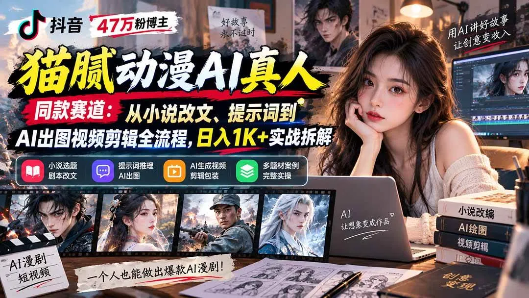 （20524期）抖音47万粉博主猫腻动漫AI真人同款赛道：从小说改文、提示词到AI出图视频剪辑全流程，日入1K+实战拆解-海桐网创