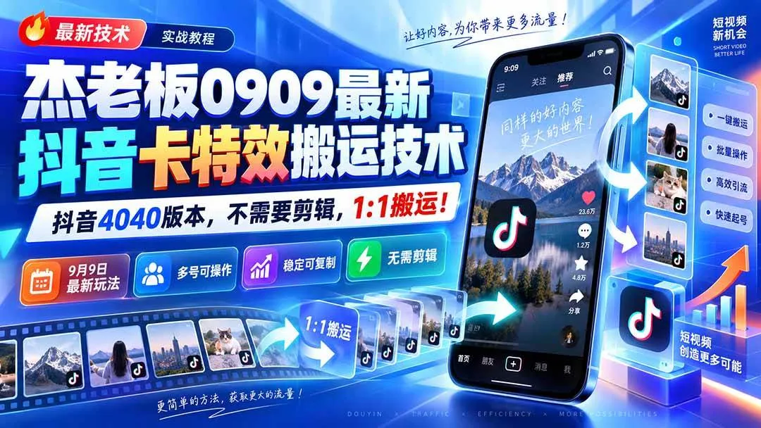 (20369期)杰老板0909最新抖音卡特效搬运技术,抖音4040版本,不需要剪辑,1:1搬运! (20369期)杰老板0909最新抖音卡特效搬运技术,抖音4040版本,不需要剪辑,1:1搬运!