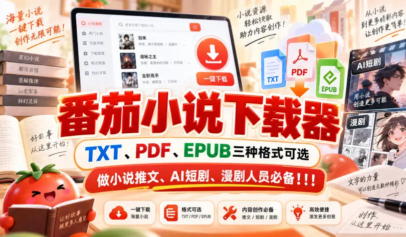 番茄小说下载器,TXT、PDF、EPUB三种格式可选,做小说推文、AI短剧、漫剧人员必备!!!-海桐网创