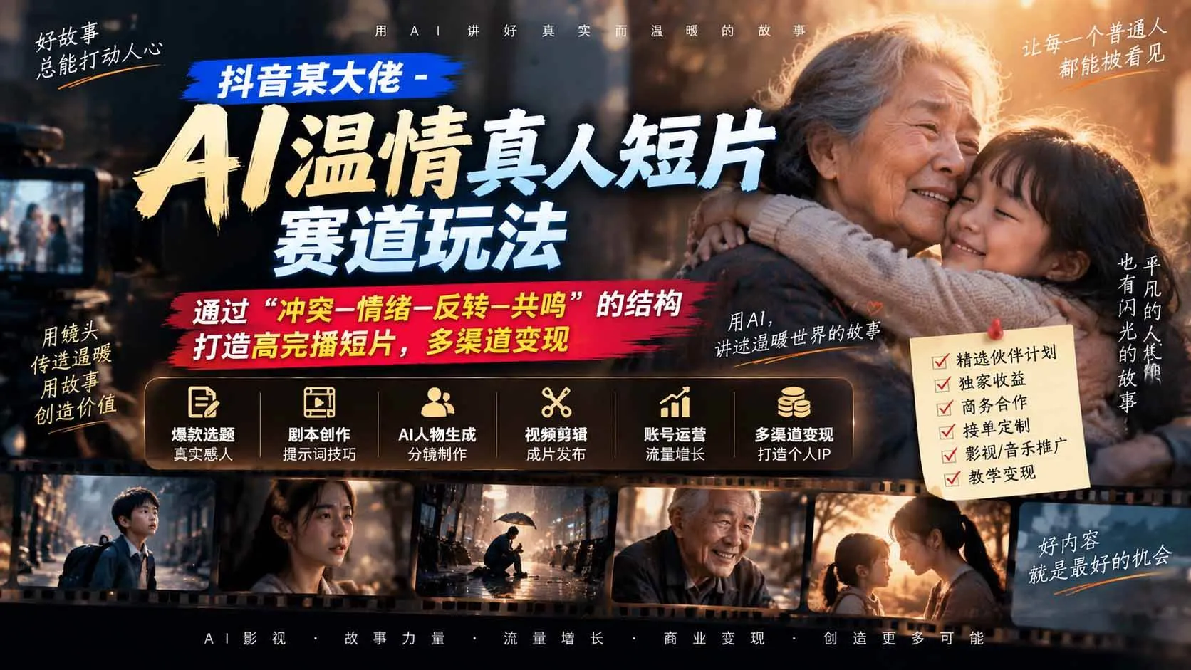 （20538期）抖音某大佬-AI温情真人短片赛道玩法：通过“冲突—情绪—反转—共鸣”的结构打造高完播短片，多渠道变现-海桐网创