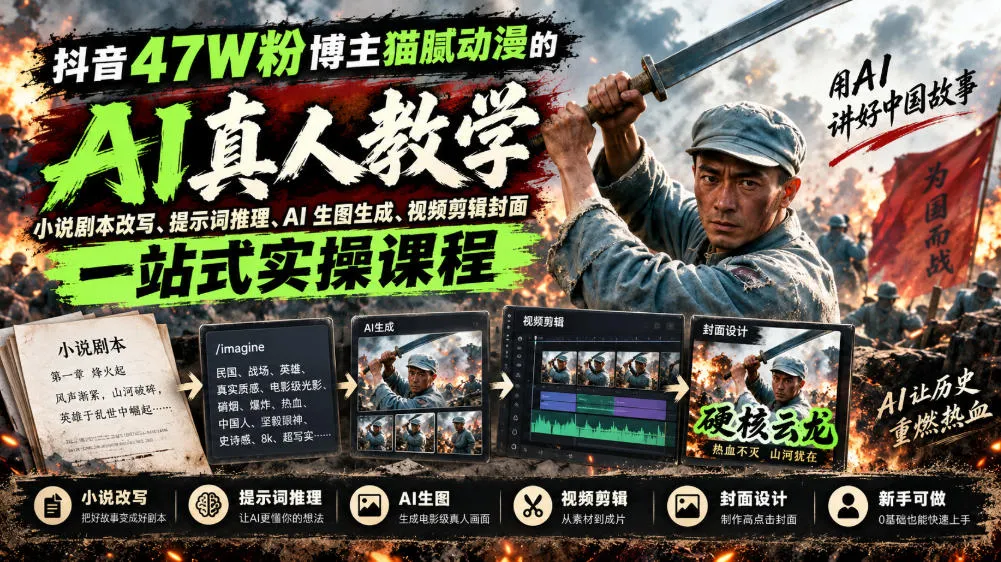 抖音47W粉博主猫腻动漫的AI真人漫剧教学，小说剧本改写、提示词推理、AI生图生成、视频剪辑封面一站式实操课程-海桐网创