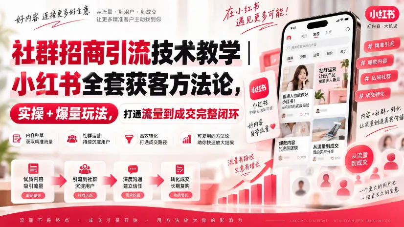 社群招商引流技术教学|小红书全套获客方法论,实操+爆量玩法,打通流量到成交完整闭环-海桐网创