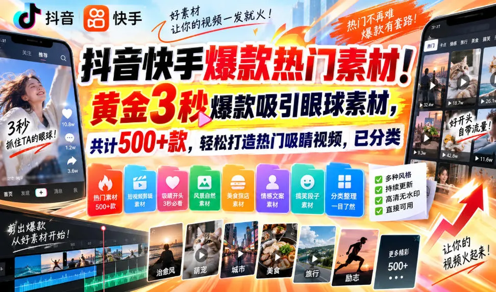 抖音快手爆款热门素材!黄金3秒爆款吸引眼球素材,共计500+款,轻松打造热门吸睛视频,已分类-海桐网创