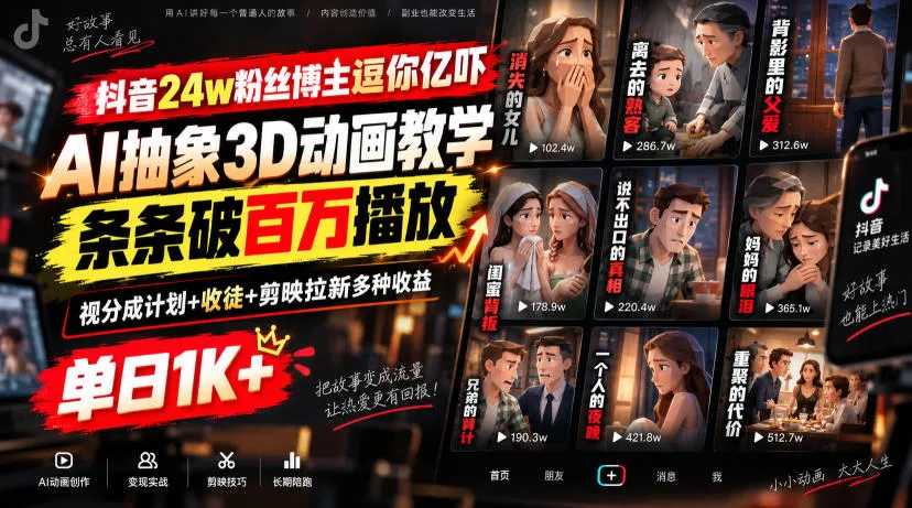 抖音24w粉丝博主逗你亿吓AI抽象3D动画教学,条条破百万播放,分成计划+收徒+剪映拉新多种收益,单日1K+-海桐网创