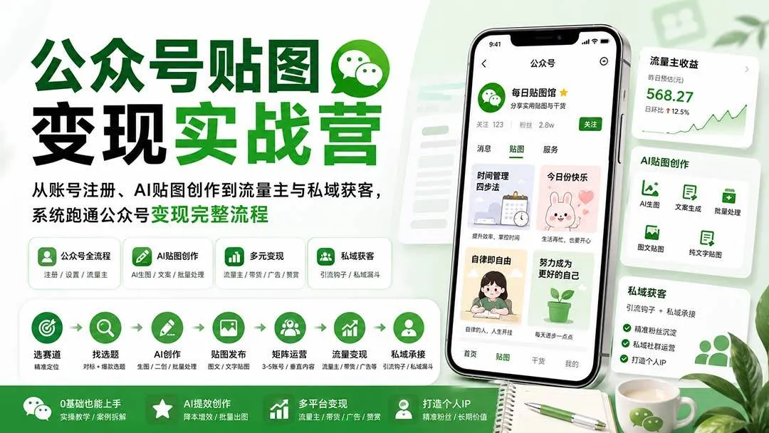 （20120期）公众号贴图变现实战营：从账号注册、AI贴图创作到流量主与私域获客，系统跑通公众号变现完整流程-海桐网创