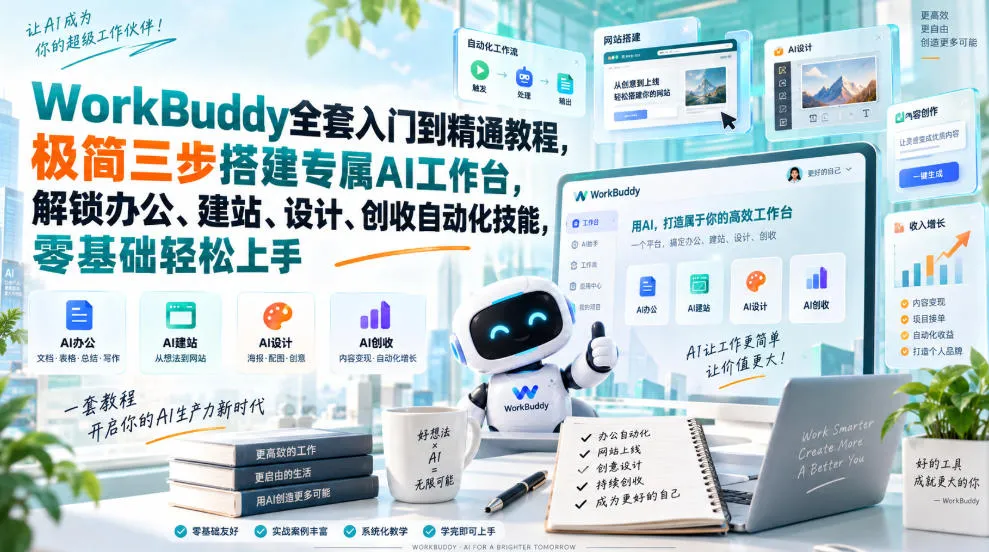 WorkBuddy全套入门到精通教程,极简三步搭建专属AI工作台,解锁办公、建站、设计、创收自动化技能,零基础轻松上手-海桐网创