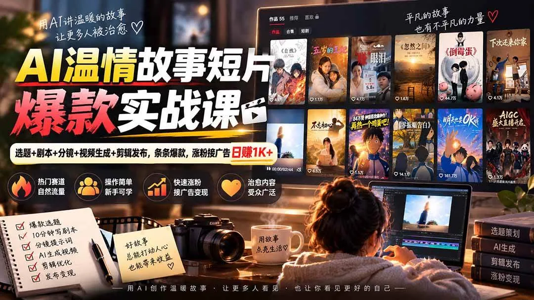 （20477期）AI温情故事短片爆款实战课-更新｜选题+剧本+分镜+视频生成+剪辑发布，条条爆款，涨粉接广告日赚1K+-海桐网创