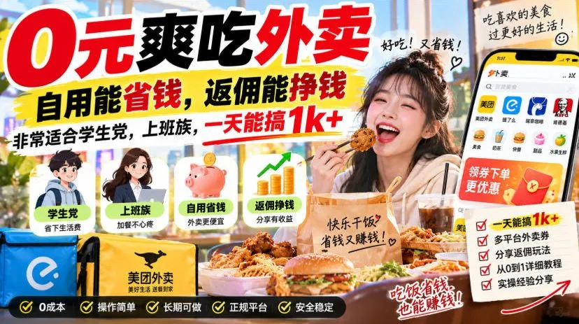 0元爽吃外卖,自用能省钱,返佣能挣钱,非常适合学生党,上班族,一天能搞1k+-海桐网创