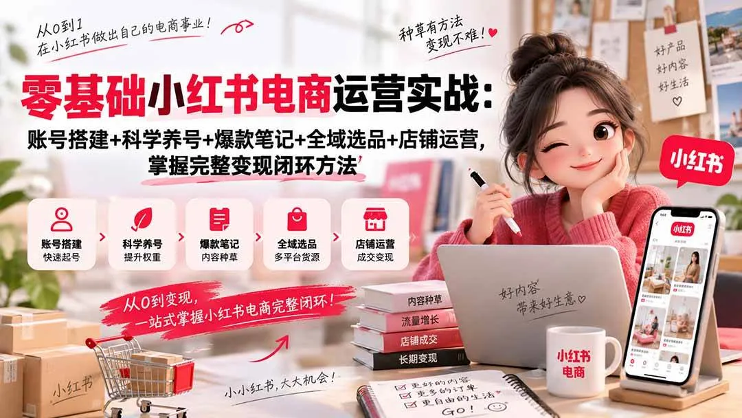 (20467期)零基础小红书电商运营实战:账号搭建+科学养号+爆款笔记+全域选品+店铺运营,掌握完整变现闭环方法-海桐网创