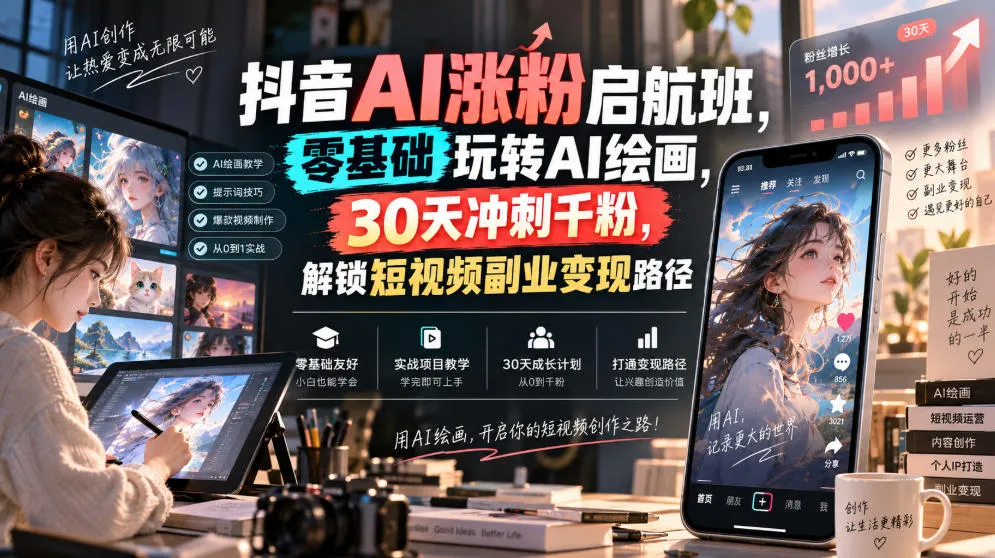 抖音AI涨粉启航班,零基础玩转AI绘画,30天冲刺千粉,解锁短视频副业变现路径-海桐网创