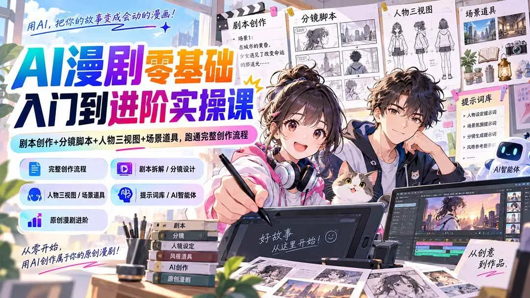 (20352期)AI漫剧零基础入门到进阶实操课:剧本创作+分镜脚本+人物三视图+场景道具,跑通完整创作流程-海桐网创