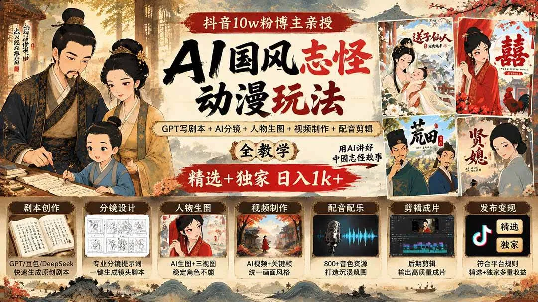 （20538期）抖音10w粉博主亲授AI国风志怪动漫玩法｜GPT写剧本+AI分镜+人物生图+视频制作+配音剪辑全教学｜精选+独家日入1k+-海桐网创
