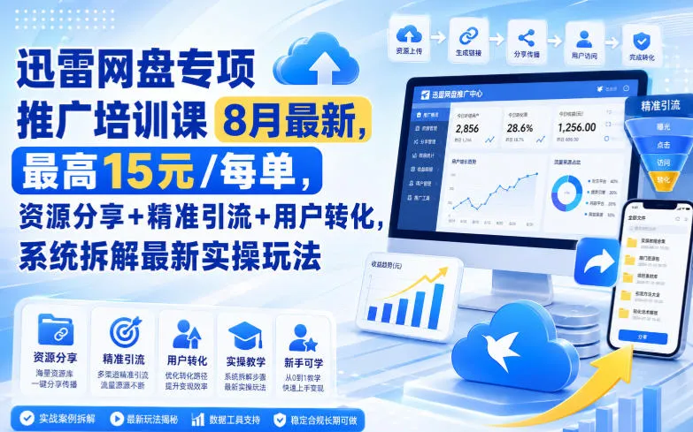 迅雷网盘专项推广培训课9月最新，最高15米/每单，资源分享+精准引流+用户转化，系统拆解最新实操玩法（更新0915）-海桐网创