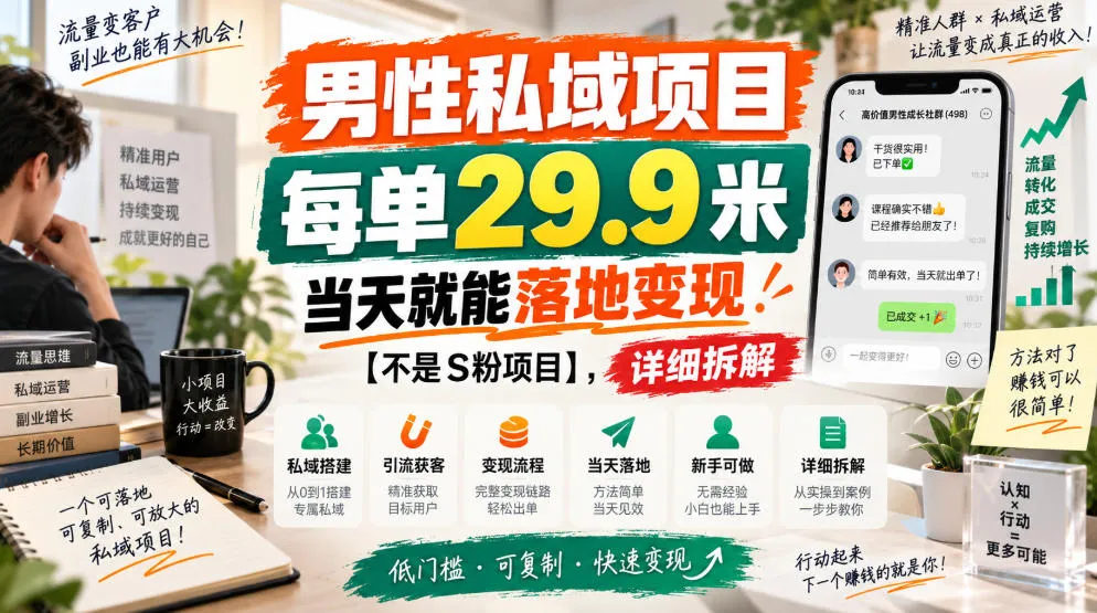 男性私域项目,每单29.9米,当天就能落地变现【不是S粉项目】,详细拆解-海桐网创