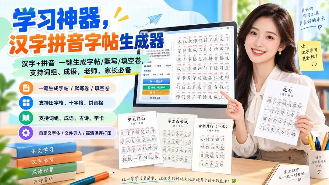 (20299期)学习神器,汉字拼音字帖生成器,汉字+拼音 一键生成字帖/默写/填空卷,支持词组、成语,老师、家长必备-海桐网创