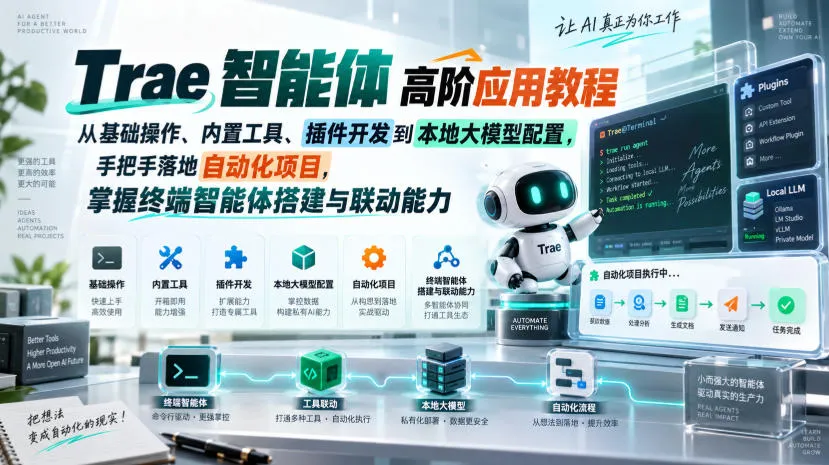 Trae智能体高阶应用教程,从基础操作、内置工具、插件开发到本地大模型配置,手把手落地自动化项目-海桐网创