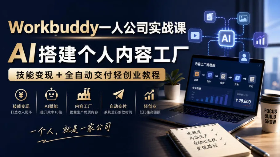 Workbuddy一人公司实战课，AI搭建个人内容工厂，技能变现+全自动交付轻创业教程-海桐网创