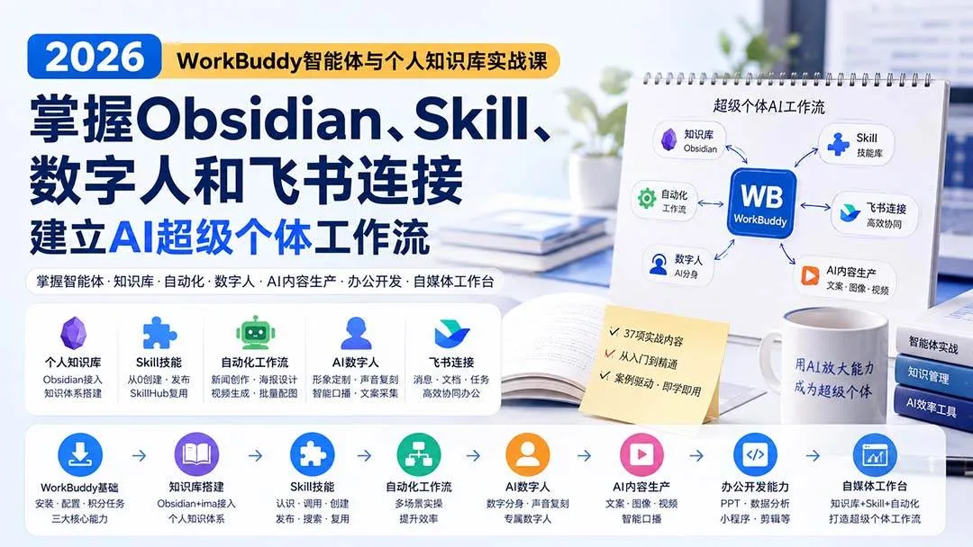 (20169期)2026 WorkBuddy智能体与个人知识库实战课:掌握Obsidian、Skill、数字人和飞书连接,建立AI超级个体工作流-海桐网创