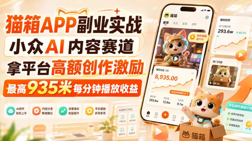 猫箱APP副业实战,小众AI内容赛道,拿平台高额创作激励,最高935米每分钟播放收益-海桐网创